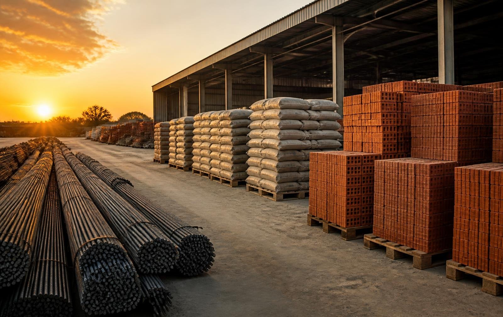 Steel rods, cement sacks and stacked bricks at a building materials supply yard